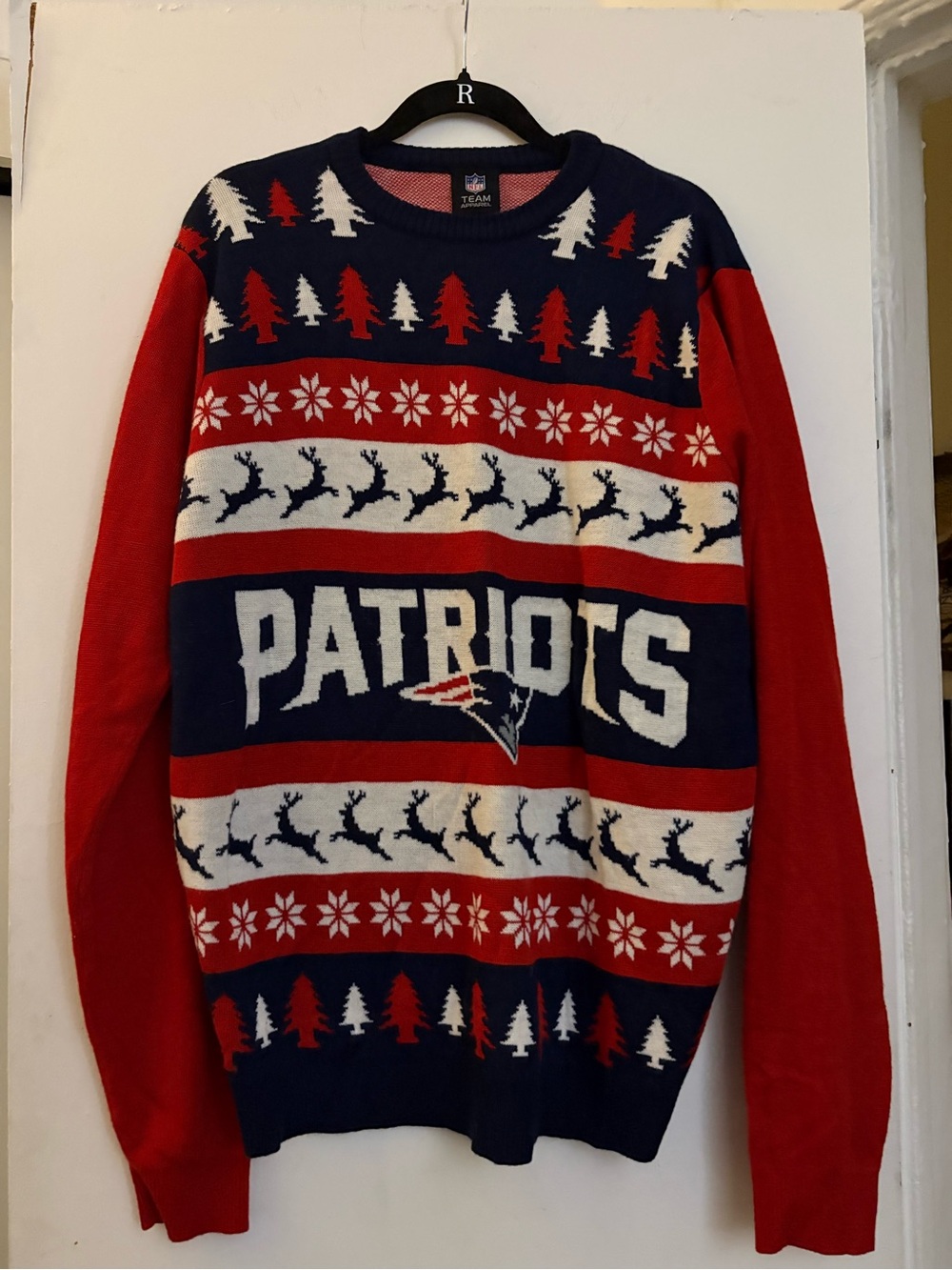 NFL Patriots Red, Navy & White Holiday Crewneck Sweater